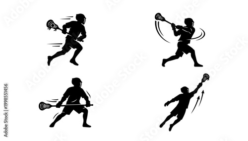 Athletic Male Lacrosse Player Silhouette Sequence Displaying Running Jumping and Throwing Action for Sports Design