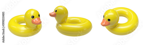 Cute yellow rubber duck swim ring float in glossy 3D style, shown from multiple angles. Realistic vector set, isolated, in bright yellow color. Modern 3D rendered inflatable duck floaties.