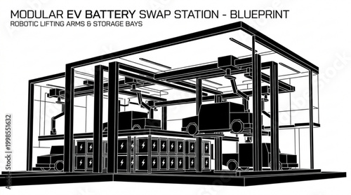 Advanced modular electric vehicle battery swap station blueprint concept, illustrating robotic automation for quick power exchange and efficient multi-level energy storage infrastructure design
