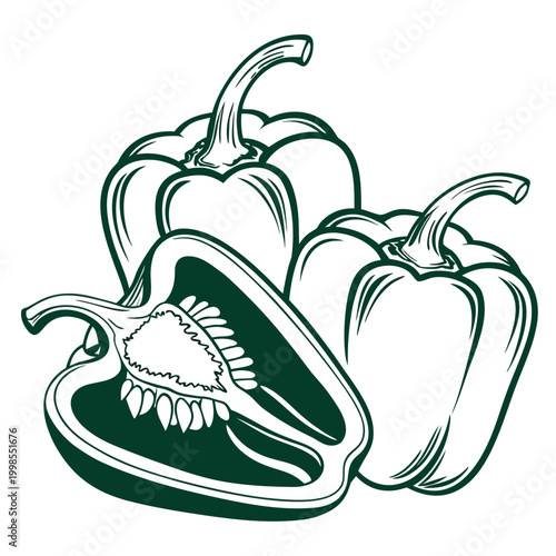  green bell peppers silhouette on white background