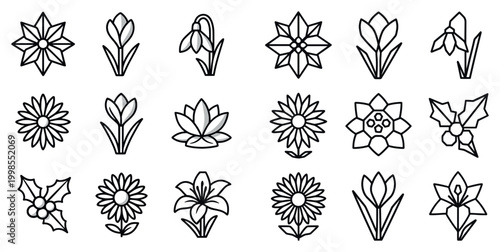 Floral icons with tulip daisy lotus outline