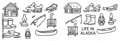Alaska icons with cabin snow mobile canoe minimal