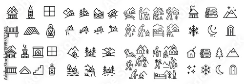 Minimalist line icons: camping and nature