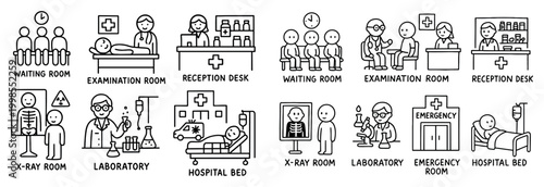 Medical icons with hospital bed x ray outline