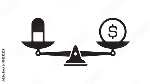 Balance scale icon with pill-shaped weighing pans holding dollar and magnifier symbols for premium finance vector design