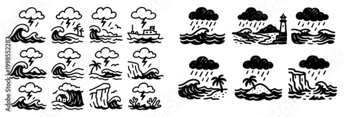 Nature icons with wave lighthouse island minimal