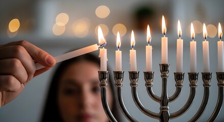 Woman lighting hanukkah menorah with candle warm indoor ambiance