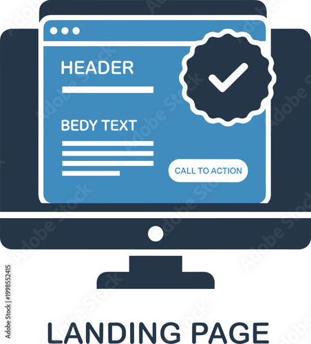 Landing page design with computer screen displaying header body text and call to action button isolated on white.
