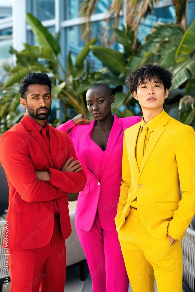 Fototapeta premium Models standing together in colorful suits near indoor plants