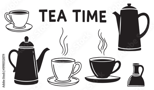 Tea time vector illustration set with teapots, cups, and saucers in vintage style.