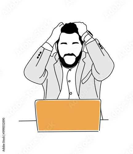 Man grips his head in frustration. Laptop sits before him, silent. His eyes close as stress mounts. Simple lines define the moment. Perfect for illustrating overload. Ideal for business, tech