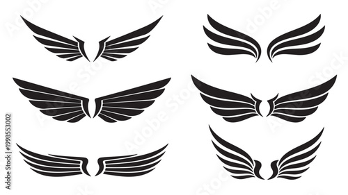 Wing emblem set with bold black stylized eagle wings for tattoos, logos, and vintage motorcycle branding featuring tattoo design, logo, badge with