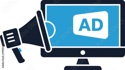 Online advertising icon concept with megaphone and computer monitor displaying 'AD' symbol.