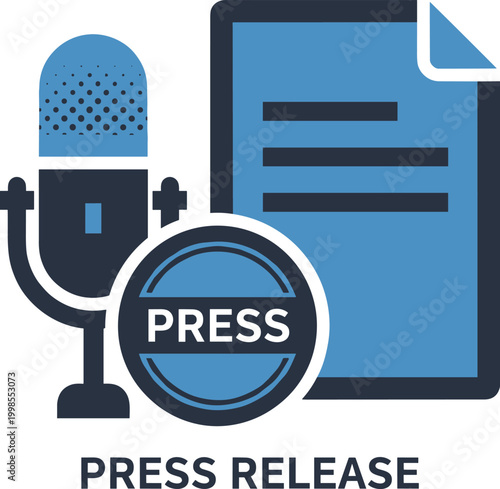 Press release icon concept with microphone, document, and text symbolizing announcement and news dissemination.