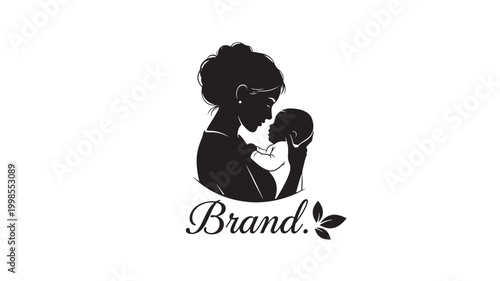 Person silhouette holding a baby with elegant Brand logo typography and leaf accent on white background for premium identity