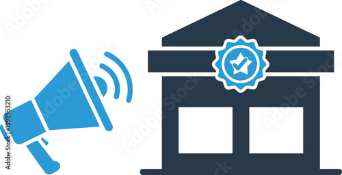 Public relations shop with megaphone and quality badge for retail store branding and advertising strategy design.