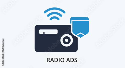Radio ads icon concept with retro radio, shield, and wifi signals symbolizing secure radio advertisement.