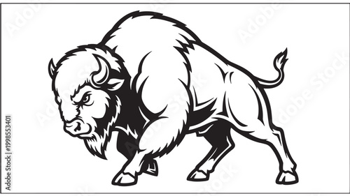 Bison bull head and legs logo icon with bold black outlines and white fill, athletic mascot vector style featuring wild animal, emblem, illustration