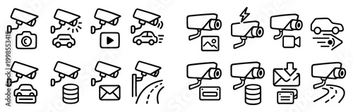 Security icons with camera and surveillance outline