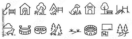 Pet park icons with dog house bench outline