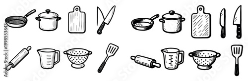 Kitchen icons with pan pot knife outline