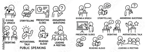 Public speaking icons with speaker podium audience outline