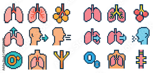 Respiratory icons with lungs bronchi head pixel