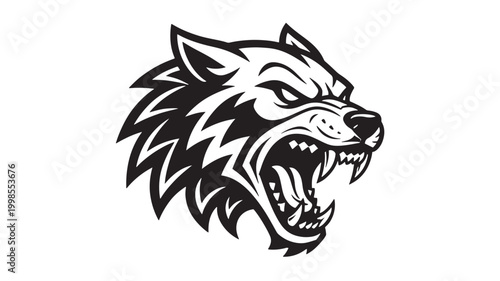 Wolf head logo with bold black and white tribal style snarling mascot illustration for sports and gaming branding featuring emblem, icon, monochrome