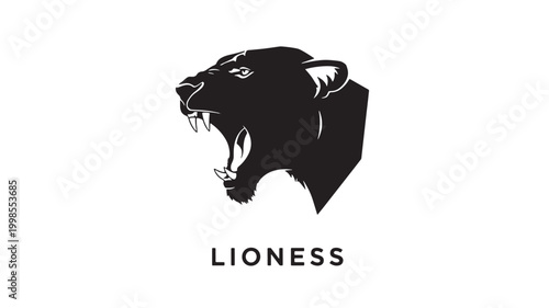 Lioness roaring head silhouette logo with sharp fangs, minimalist black wild cat emblem design in a bold modern vector style.
