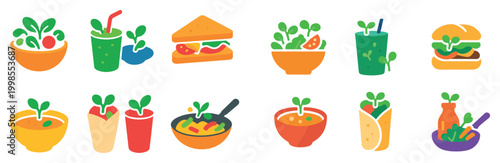 Food icons with salad sandwich drink colorful