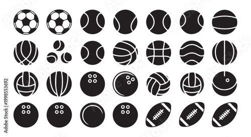 Set of various sports balls icons for fitness training activity.