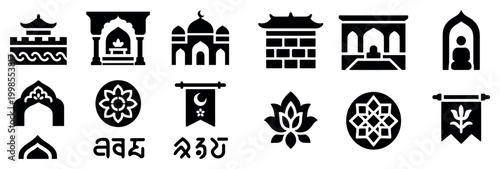 Religion icons with lotus arch banner silhouette