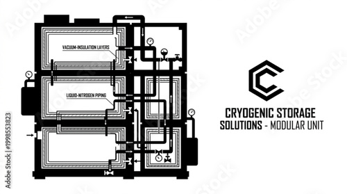 Technical blueprint of an advanced cryogenic storage module, detailing complex insulation and liquid nitrogen containment for scientific research and industrial preservation needs