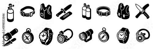 Diving icons with tank compass watch bold