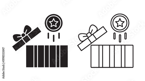 Premium cinema popcorn bucket icon with clapperboard, film stripes and star badge symbols for entertainment branding featuring theater, spotlight,