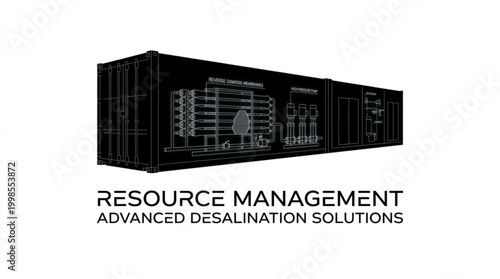 Vector graphic illustrating an advanced modular desalination system within a container, representing efficient water purification and resource management solutions
