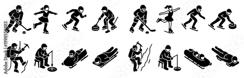 Winter sports icons with hockey curler skater minimal
