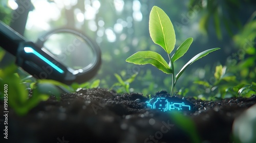 New plant sprout with digital technology integrated into soil viewed through magnifying glass