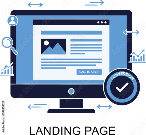 Computer screen showing landing page with icons for analysis marketing and conversion optimization strategies.