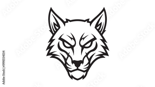 Wolf head mascot logo with fierce eyes, jagged fur line art, and premium monochrome vector style featuring animal icon, predator, wild animal with
