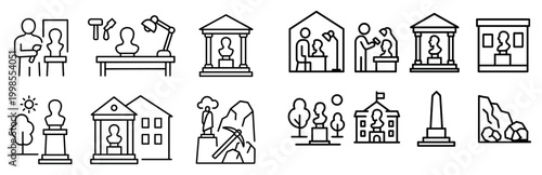Museum icons with statue bust building outline