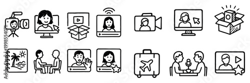 Communication icons with camera laptop presenter outline