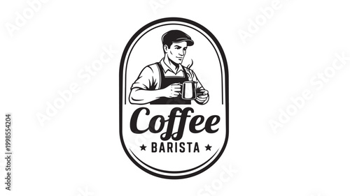 Coffee barista logo with steaming cup, smiling barista silhouette, vintage oval badge design for cafe branding featuring espresso, cappuccino, latte