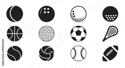 Set of black and white sport balls icons, simple flat vector design.