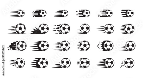 Set of isolated black vector silhouettes of flying soccer balls.