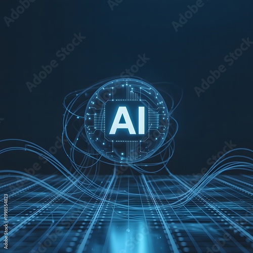 Artificial Intelligence Text with Digital Globe and Data Wave, Futuristic AI Technology Concept with Network Grid and Data Visualization for Machine Learning and Innovation Themes
