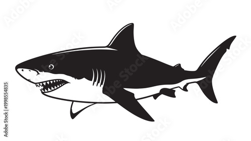 Obraz na płótnie Shark icon with black silhouette and dorsal fin, featuring open mouth teeth and