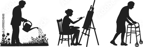 Elderly lifestyle silhouettes featuring gardening painting and assisted walking daily activities