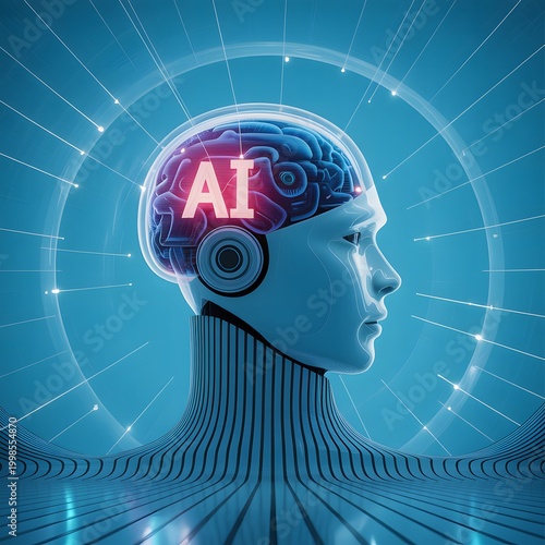 Artificial Intelligence Human Head with Digital Brain Interface, Futuristic Technology Concept with AI Visualization, Neural Network and Data Processing for Innovation and Smart Computing Design

