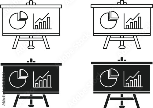 A set of four dark and light versions of an easel with a pie chart and bar graph on a clear background.
